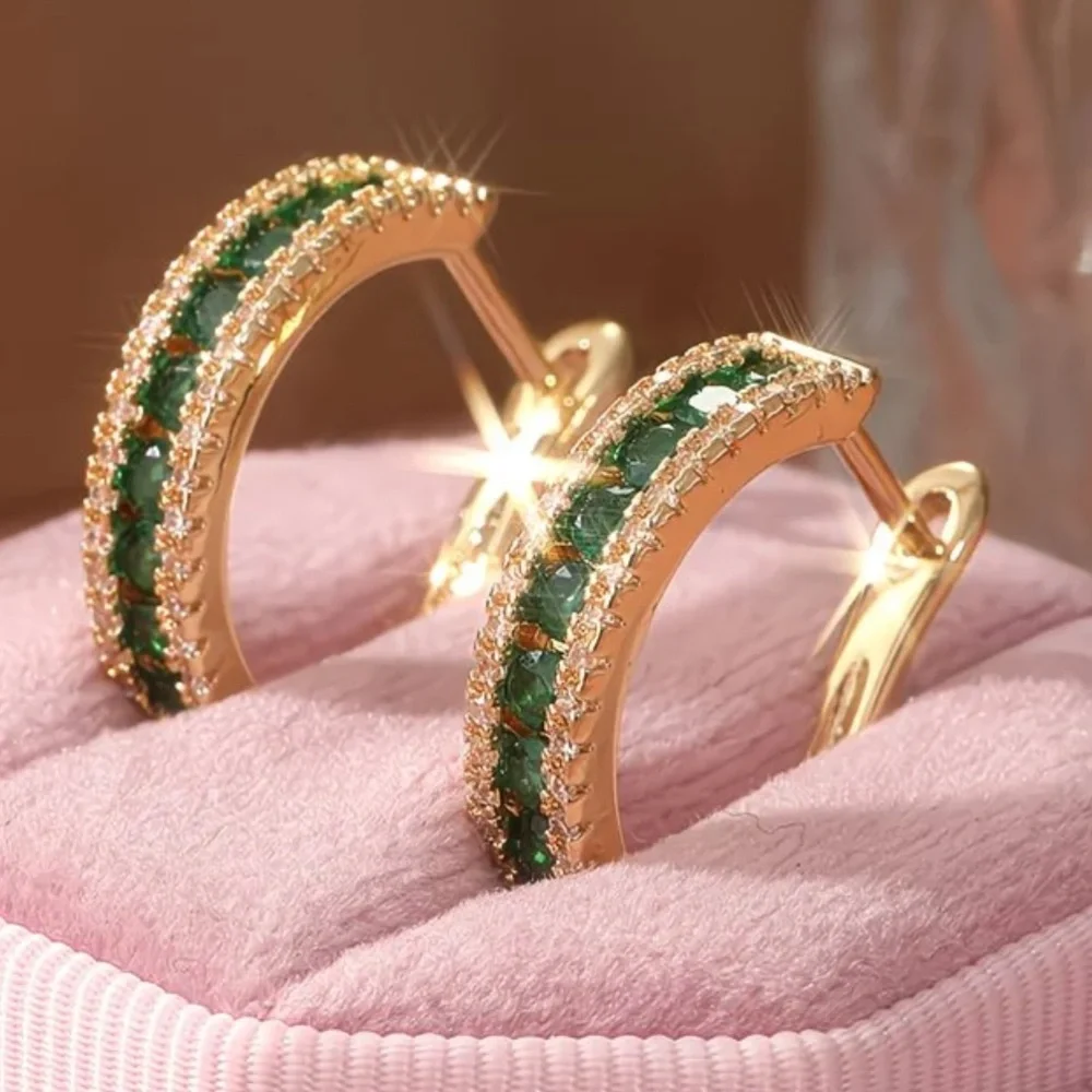 💚 Emerald Green CZ Gold Hoop Earrings Crystal Pave Luxe Statement